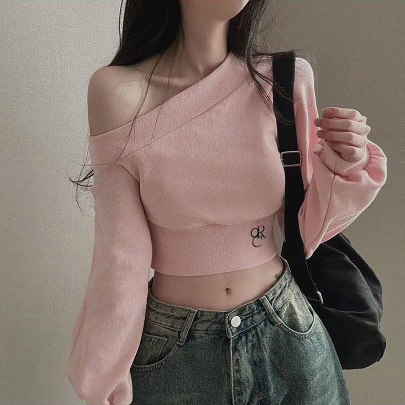 SLL165 oblique shoulder short sweater female niche ins trend street all-match slim long sleeve belly-baring top
