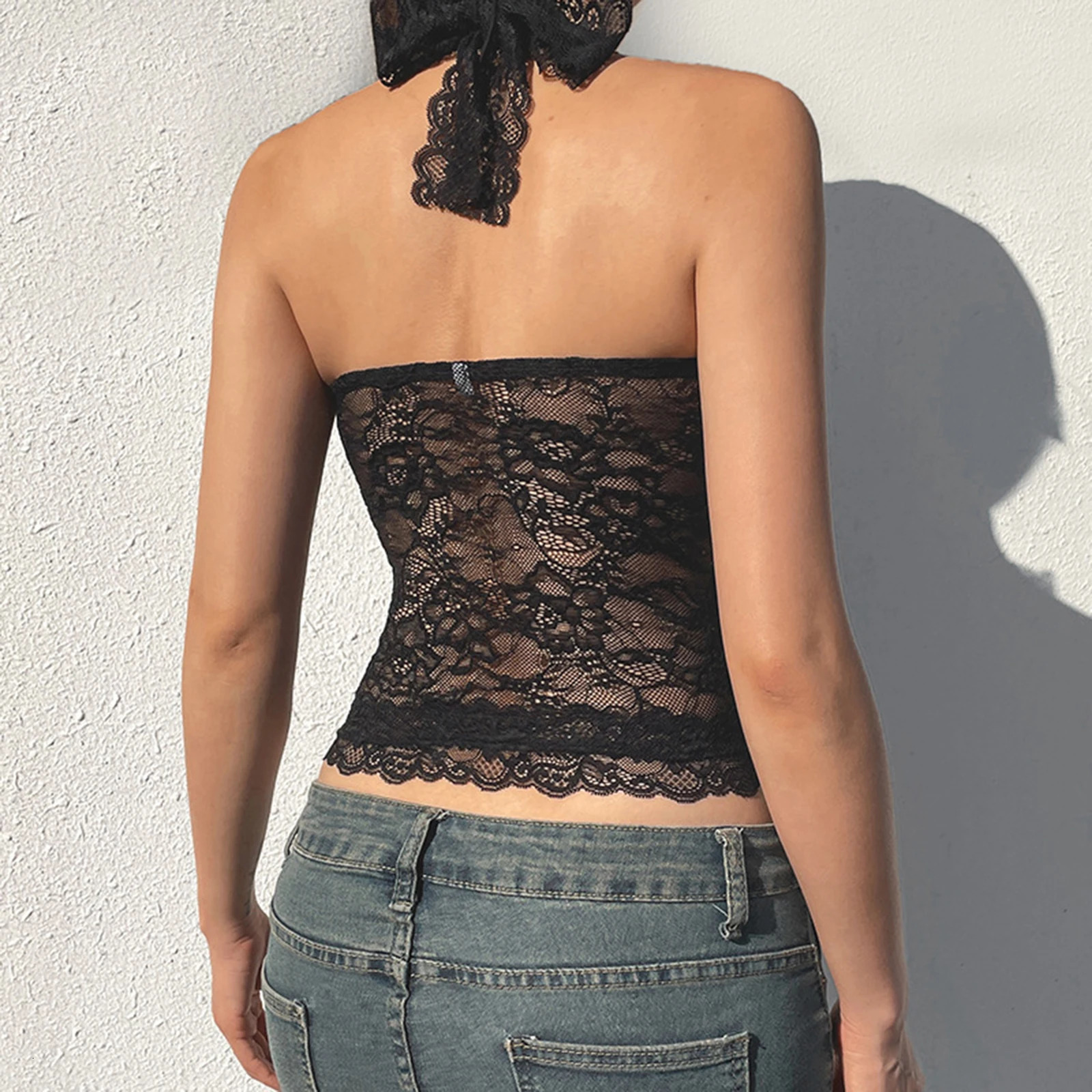 hirigin Womens Halter Crop Tops Stylish Solid Sheer Lace Floral Pattern Sleeveless Lace Tank Tops Perfect for Summer 250523