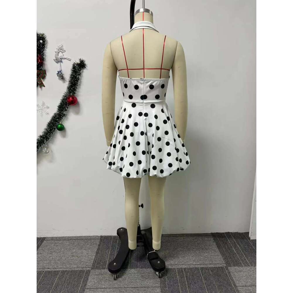 Women Poken Dot Printed Bowknot Deep V-Neck Sleeveless Big Swing Dress 2025 Beach Holiday Party Vestidos Sexy Dresses