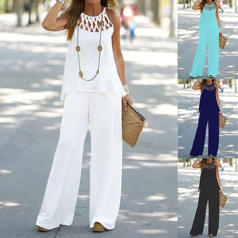 ON01232 2025 Autumn Spring New Women's Fashion Casual Solid Color Grid Round Neck Sleeveless Long Pants Two-Piece Set
