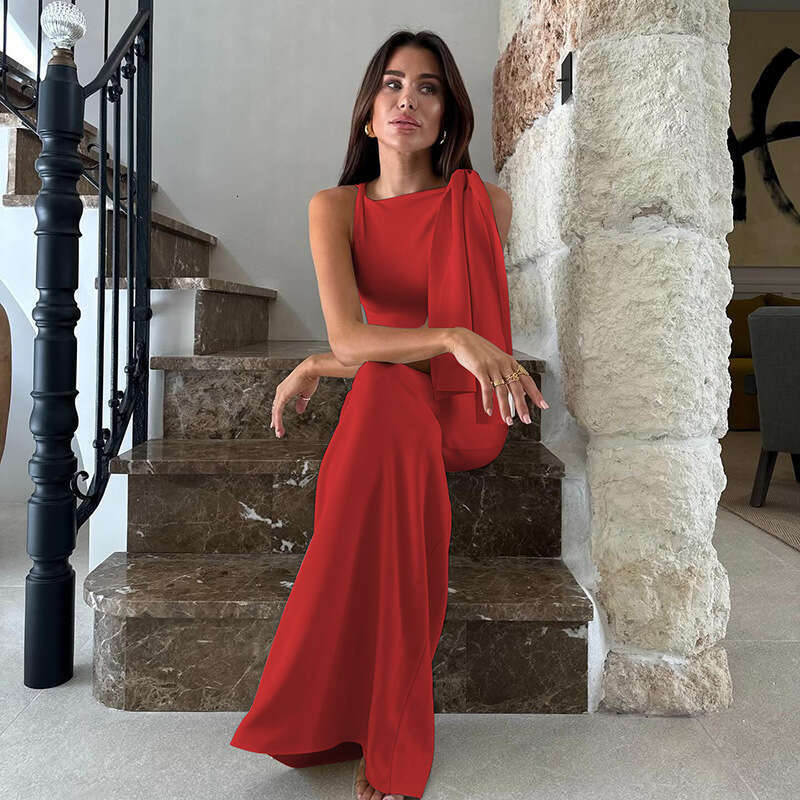Hot Selling Women's Fashion 2025 Summer New Fashionable Elegant One-Shoulder Ribbon Solid Color Dress