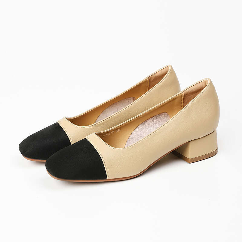 2025 New Style Small Chanel Square Toe Shallow Mouth High Casual Color Block Chunky Heel Single Shoes