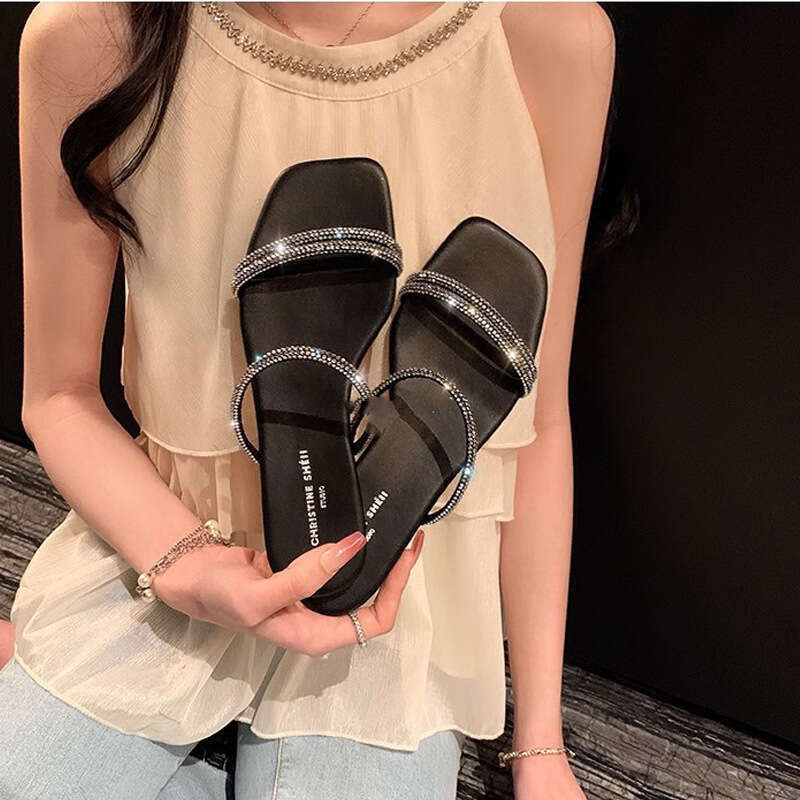 Su Yinyin Same Style ~ Silver Star Sparkling Square Toe Rhinestone Strap Flat Sandals for Women Outdoor Summer Slippers