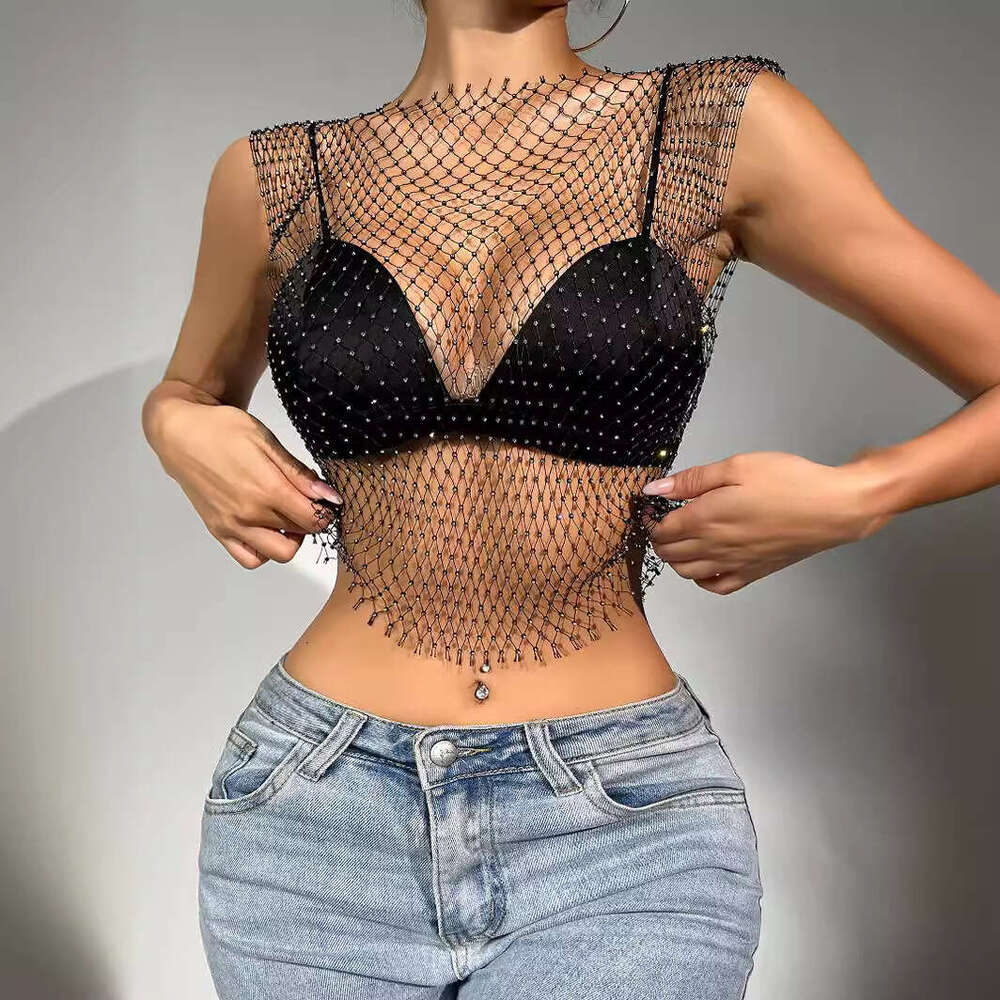 Sexy Nightclub Women's Fishnet Hollow Out Vest Mesh Sparkling Rhinestone Camisole Top for Women