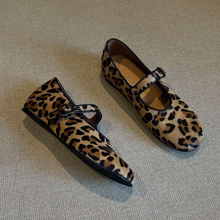 Sheepskin Version ~ 2025 New Niche Leopard Print Horsehair Strap Shallow Mouth Single Women Flat Mary Jane Shoes