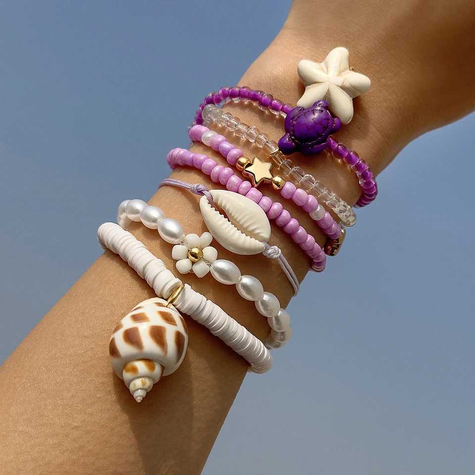 Tocona Bohemian Resort Style Shell Beaded Weaving Bracelet Beach Style Starfish Rice Beads Seven Piece Set for Women 25134 W250526