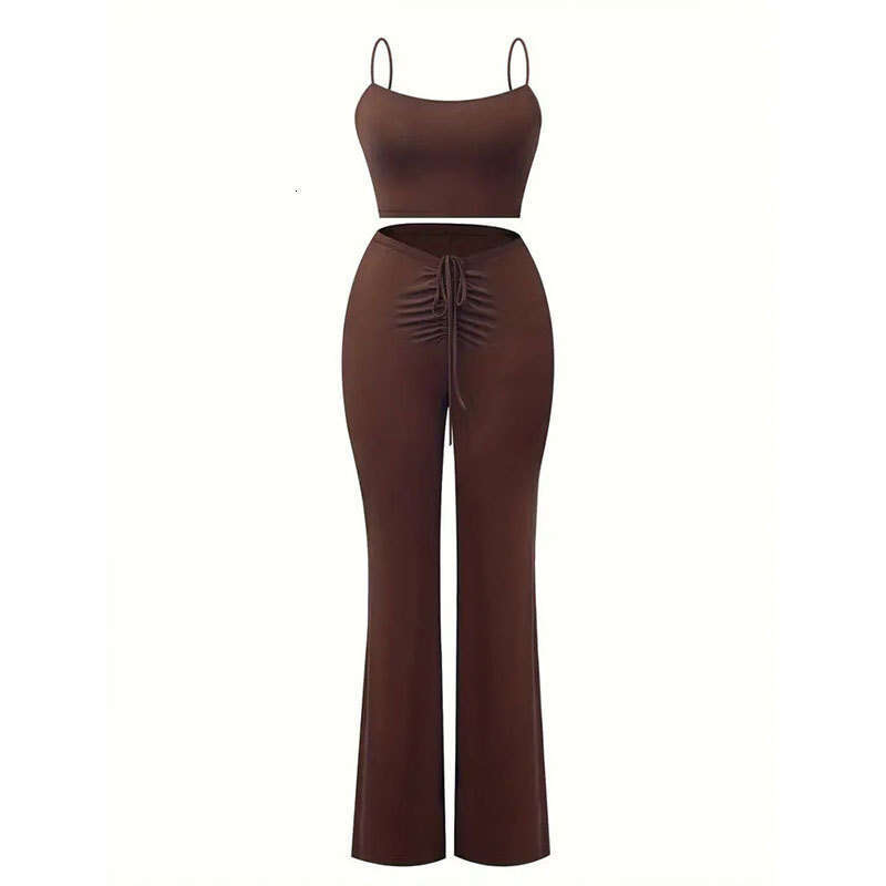 Women's Black Style Sexy Crop Top with Drawstring Front and Flared Pants Two-Piece Set