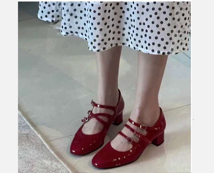 Three Buckles ~ Mary Jane for Women French Style Red Chunky Wedding High Heels Mid Heel Patent Leather Single Shoes