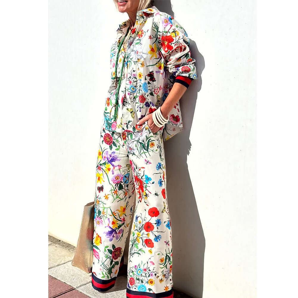 Women's New Printed Set Casual Long Pants Shirt Fashion Top 3023