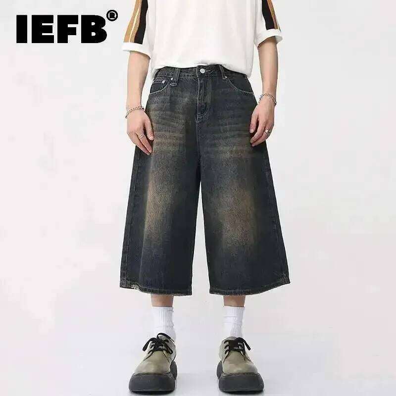 Korean Style Vintage Men's Jeans Summer Loose Male Wide Leg Knee Length Shorts New Washed Fashion Short Denim Pants