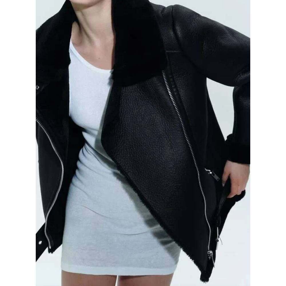 2024 Winter New Fashion Style Women's Zipper Plush Double-Sided Motorcycle Jacket Short Coat
