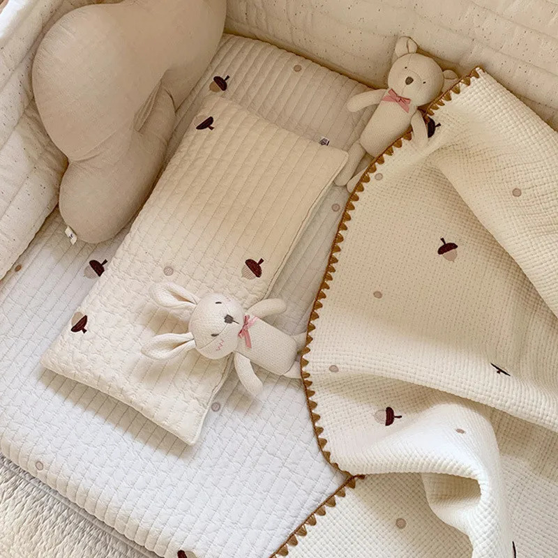 born Pure Cotton Flat Pillow Quilted with Cartoon Squirrel Bear Embroidery Breathable Soft 250527
