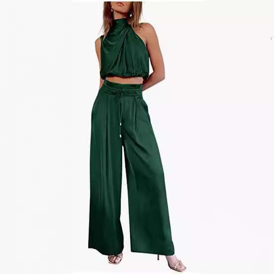 2025 New Women's Two-Piece Set Summer Casual Sleeveless Turtleneck Crop Top Wide-Leg Pants