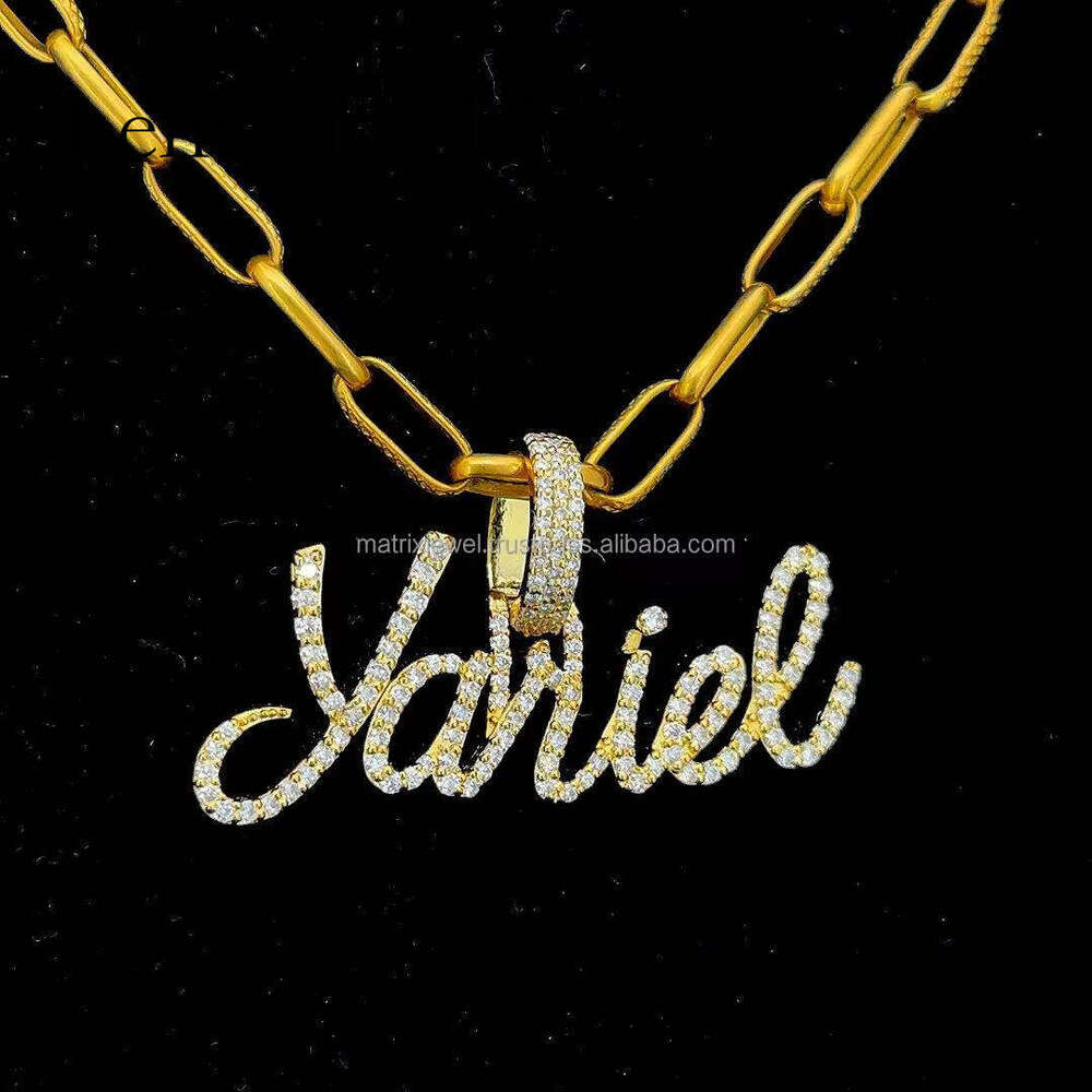 Elegant dia Single Layer Name pendant Iced Out in Sterling Sier 14KT Gold Plated and Round Cut Moissanite