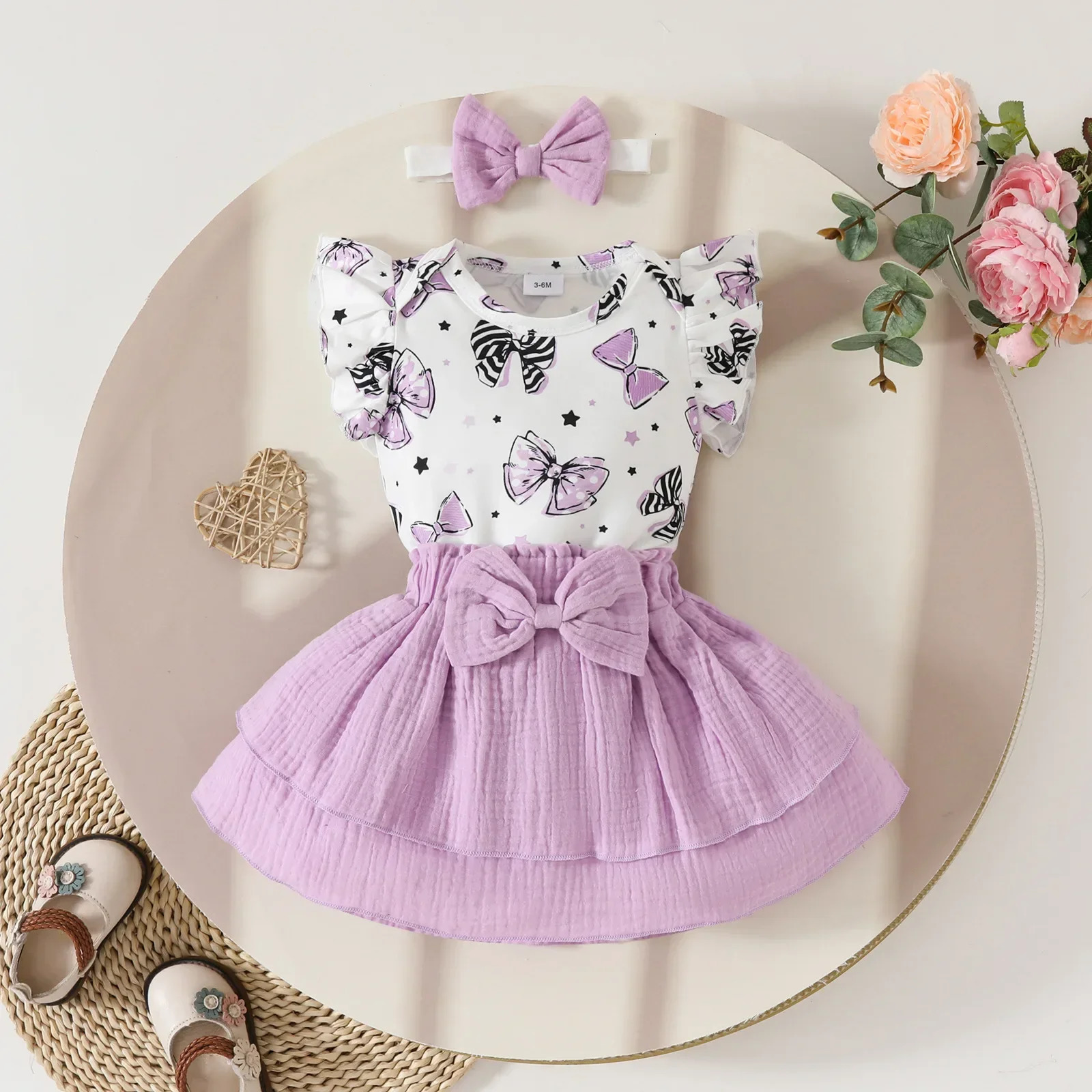 Sweet Purple Girls Childrens Set 0 2 Y Baby Girl Outfit Sleeveless Romper and Ruffled Skirt with Bow Print Headband 250527