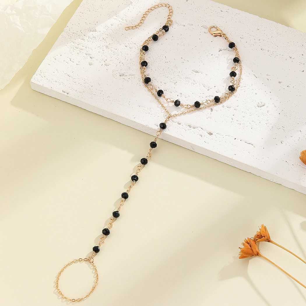 Black Beads Link Chain Bracelets Connected Finger Ring Bangle For Women Girls Bohemia Double Layer Chain Bracelet Party Jewelry W250526