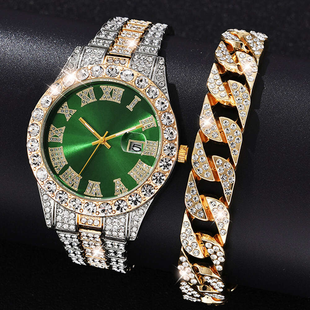 New Hip-Hop Full Diamond Fashion Business Men's Quartz Watch Bracelet Set with Inlaid Diamonds Chronograph