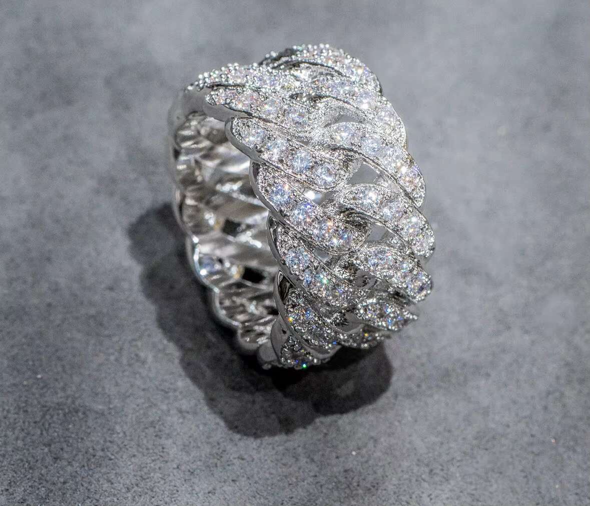 Luxury Custom Hip Hop Jewelry Mens Iced Out Cuban Ring in 925 Solid Silver with Real VVS1 Moissanite Diamonds 18K Gold Plated