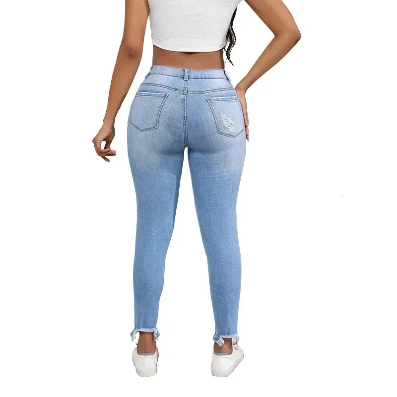 Women Jeans Holes Distressed Pencil Pants Denim Pockets Sexy High Waist Washing Zipper Fly Slim Fit Ankle Length Summer 250516Z