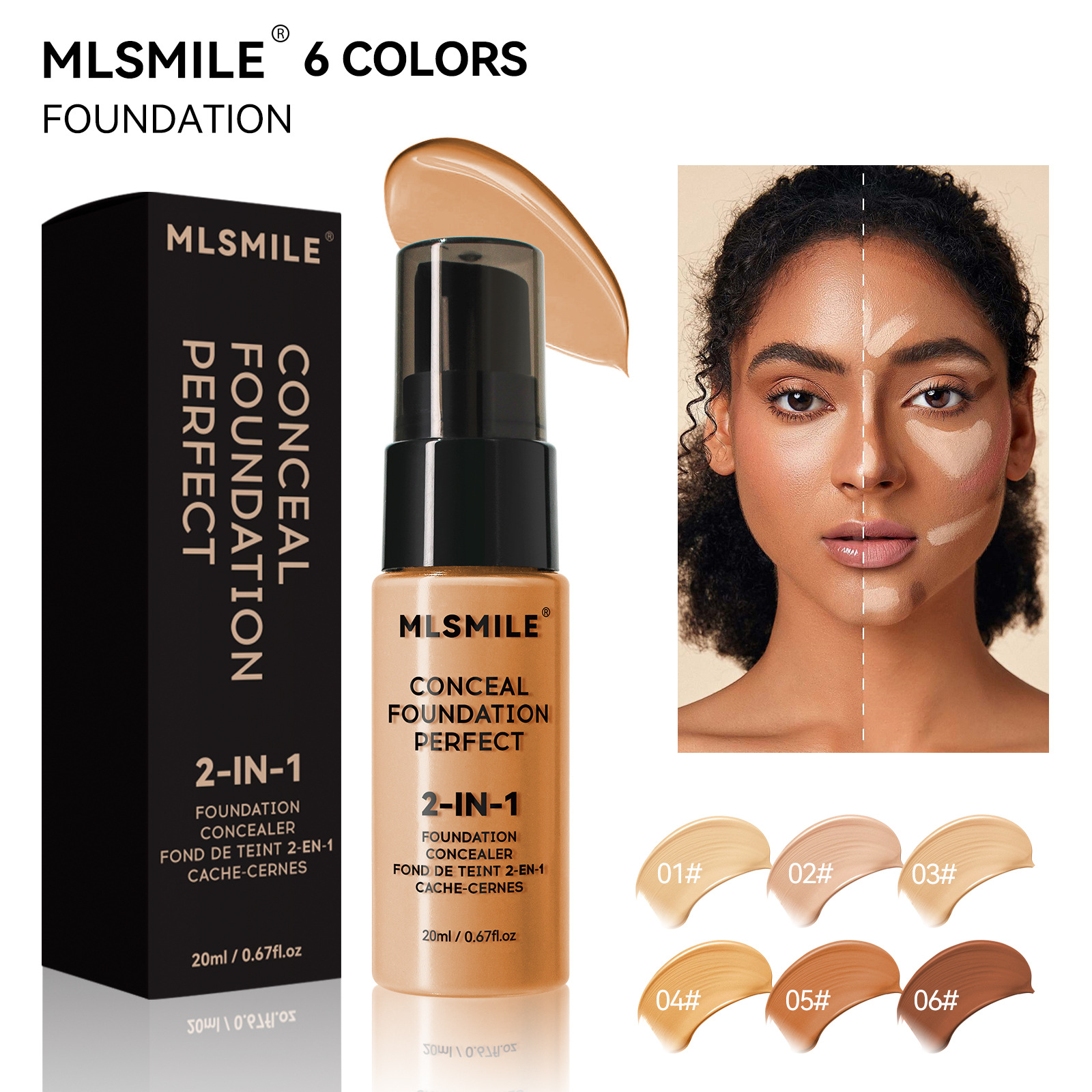 MLSMILE 6-color Liquid Foundation Is Durable Waterproof Oil Control Concealer And Foundation Make-up