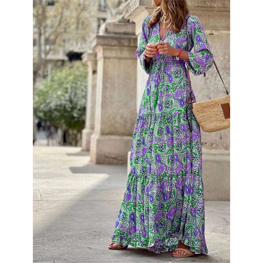 Hot Tight Dresses Women S Autumn New Fashionable Printed Sexy V Neck Long Sleeve High Elastic Waist Medium Length Bohemian Dress Casual Knee Length Dr