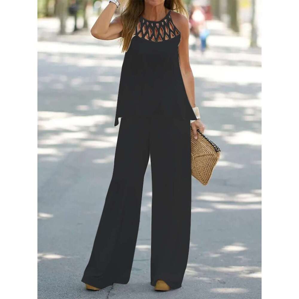 ON01232 2025 Autumn Spring New Women's Fashion Casual Solid Color Grid Round Neck Sleeveless Long Pants Two-Piece Set