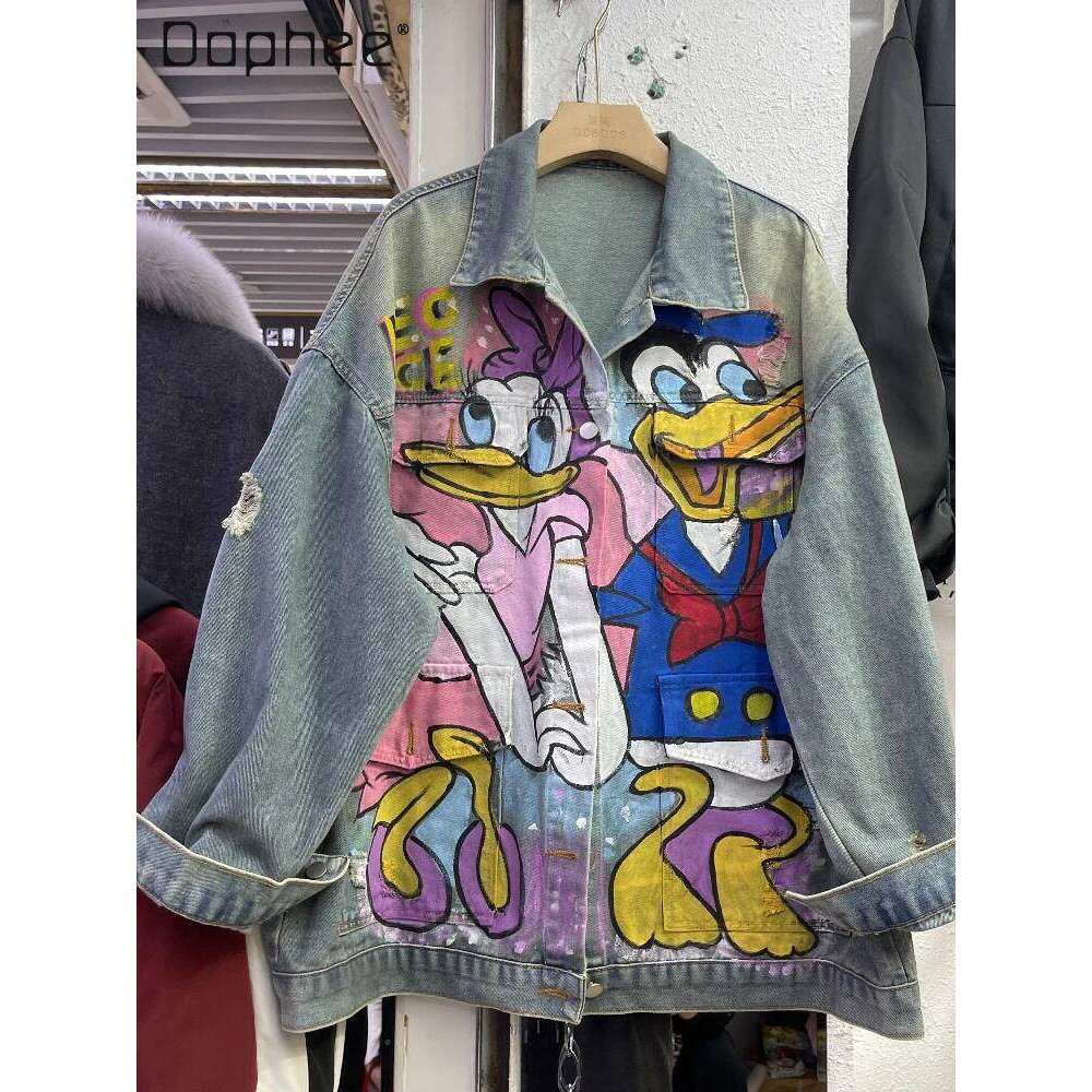 Autumn Hand-Painted Graffiti Denim Jacket Loose Mid Length Cartoon Printed Top Street Fashion Made Old Ripped Jackets For Women