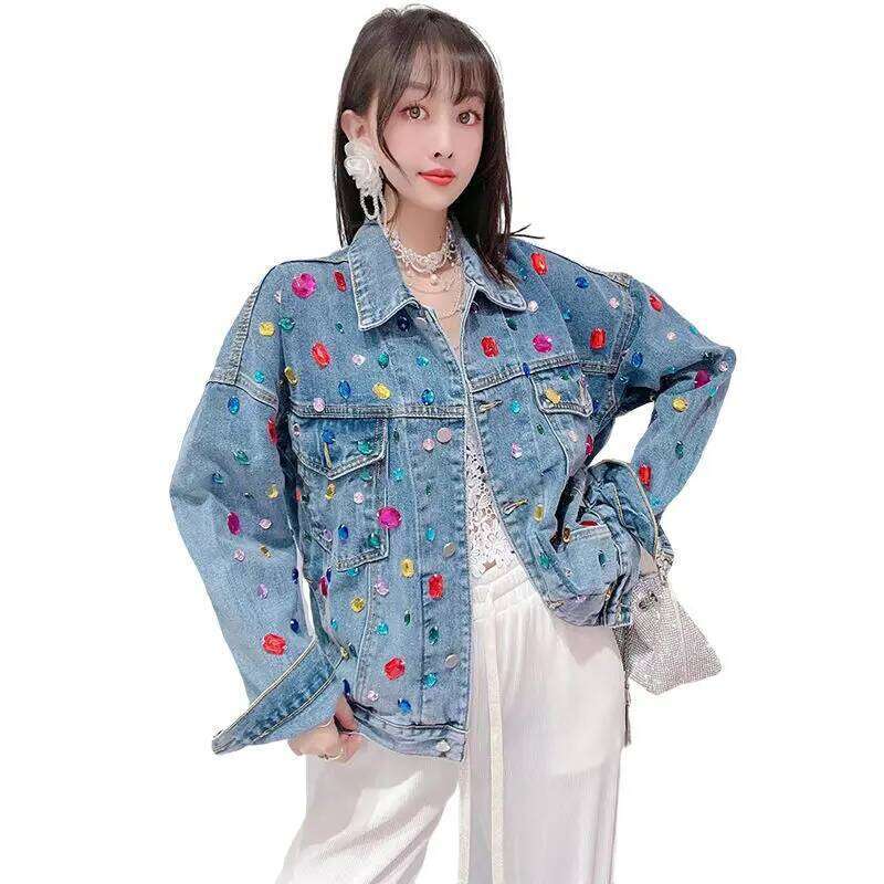 Long Sleeve Streetwear Denim Jacket Spring Women's Sweet Rainbow Dia Design Single Breasted Loose Outerwear