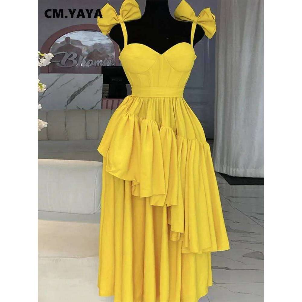 CM.YAYA Women Sleeveless Strap Bow Ruffles Long Maxi Dress 2025 Holiday Beach Birthday Evening Sexy Girl Party Dresses Vestidos