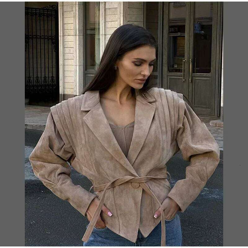 Women High Street Leather Jacket 2024 Autumn Winter Versatile Brown Long Sleeves V-Neck Lace-Up Coats Causal Chic Female Outwear