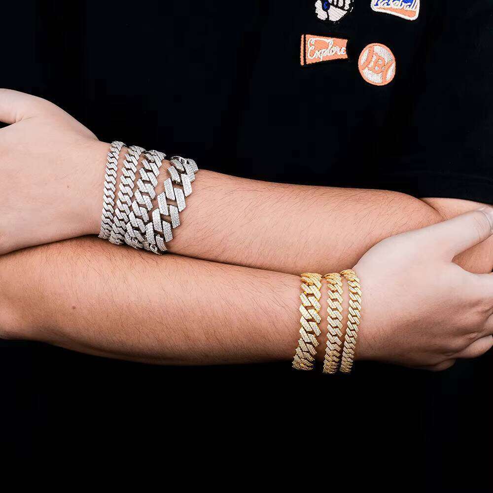 VVS1 Cubic Zirconia Cuban Chain Bracelet, with 10mm Two Rows Pass Tester Iced Out Hip-Hop Style