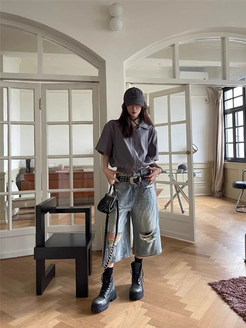 High Waist Vintage Hole Jean American Hiphop Straight Denim Y2k Shorts Hollow Out Wide Leg Washed CalfLength Loose 250516Z