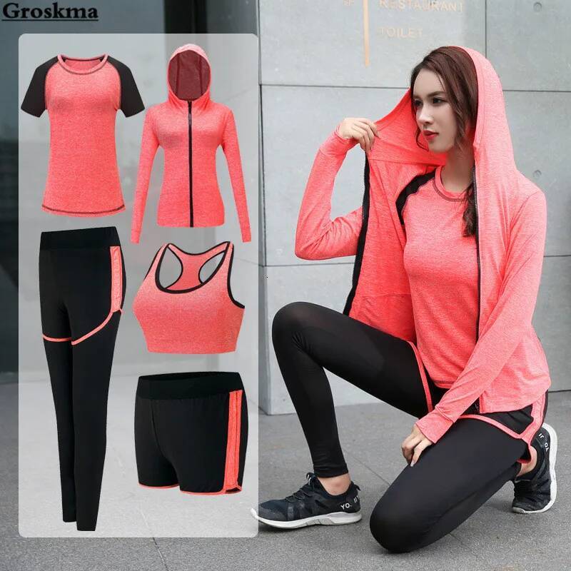 Quick dry yoga clothing hooded coats+t shirt+bra+shorts+pants sets women autumn outdoor running sportswear gym Suits