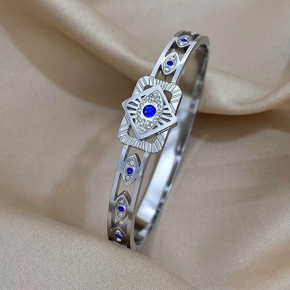 Greatera Turkish Evil Eye Stainless Steel Bangles Bracelets for Women Silver Color Rhinestone Cuff Bracelet Waterproof Jewelry W250526