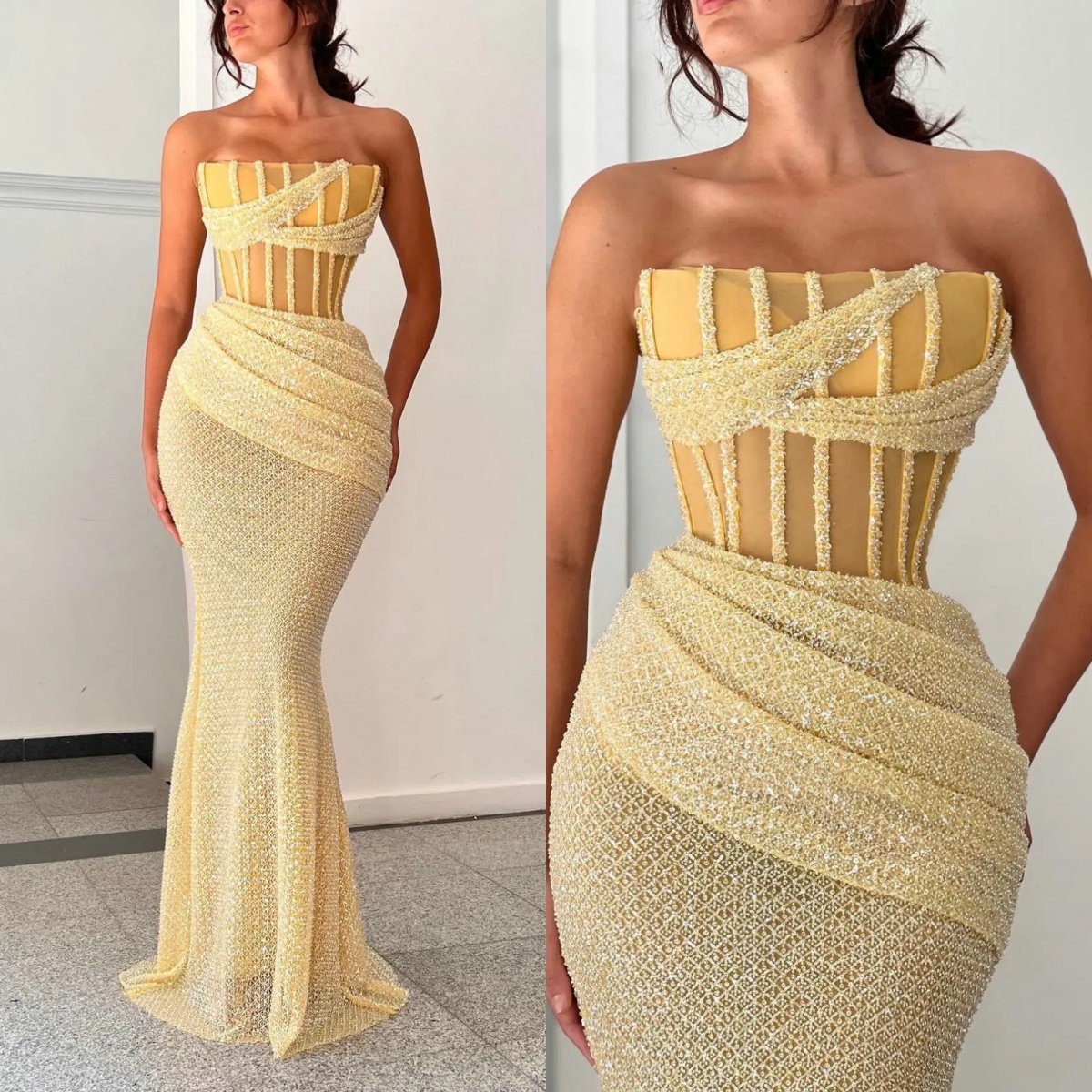 Classic Evening Dresses For Women Strapless Sleeveless Gown Sequins Ruffles Sweep Train Dress Party Customized Dress