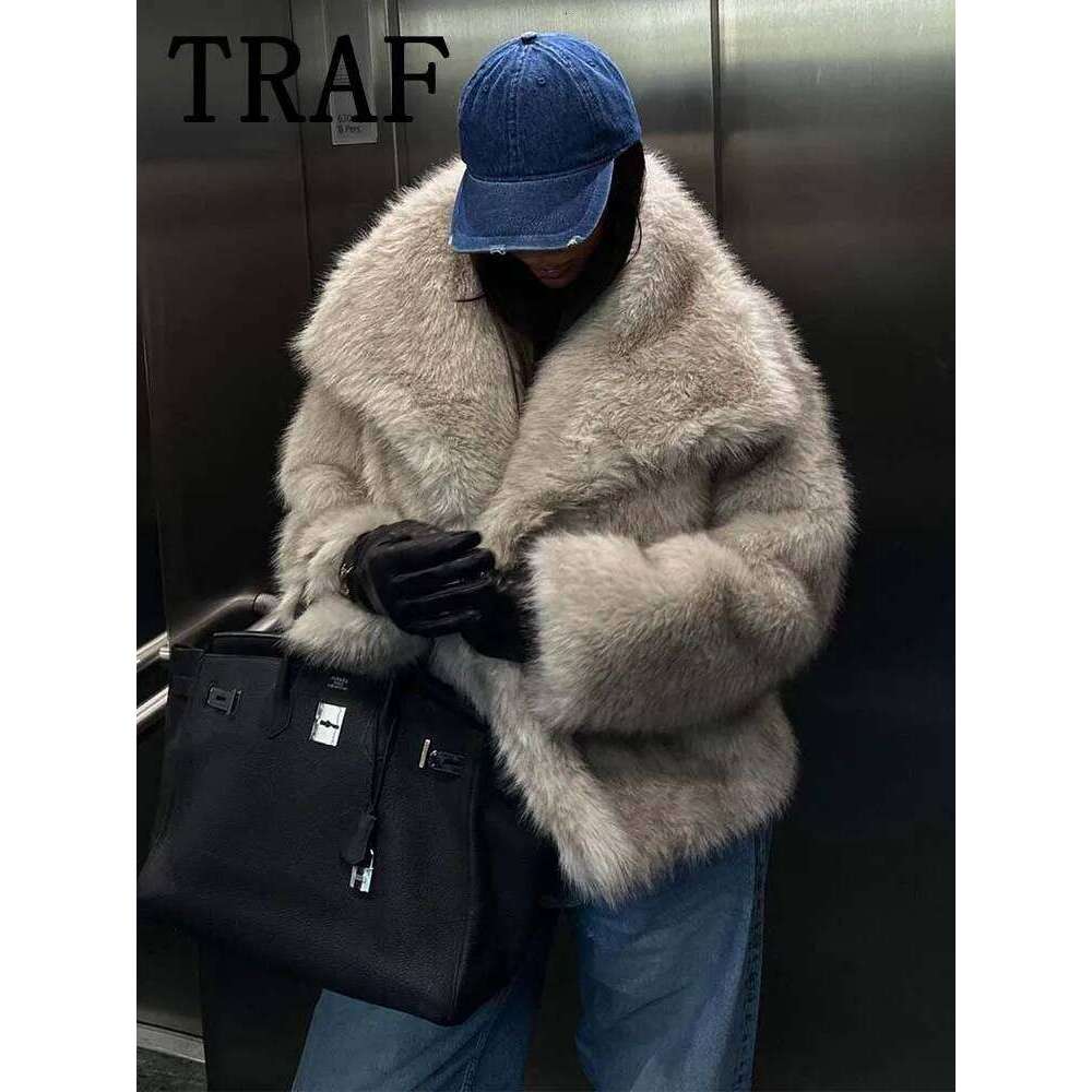 TRAF Faux Fur Cropped Jackets For Women Coats Thick Warm Soft Jacket Woman 2024 Long Sleeve Casual Winter Coat In New Outerwear