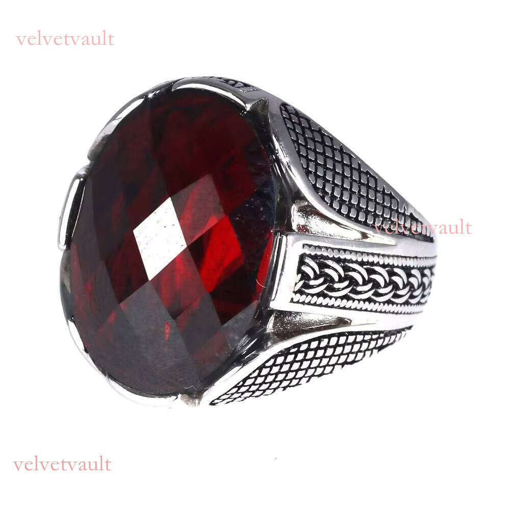 Real Pure Sterling Sier With Red Color Zircon Stone Faceted Wedding Rings for Men Vintage Turkish Jewelry