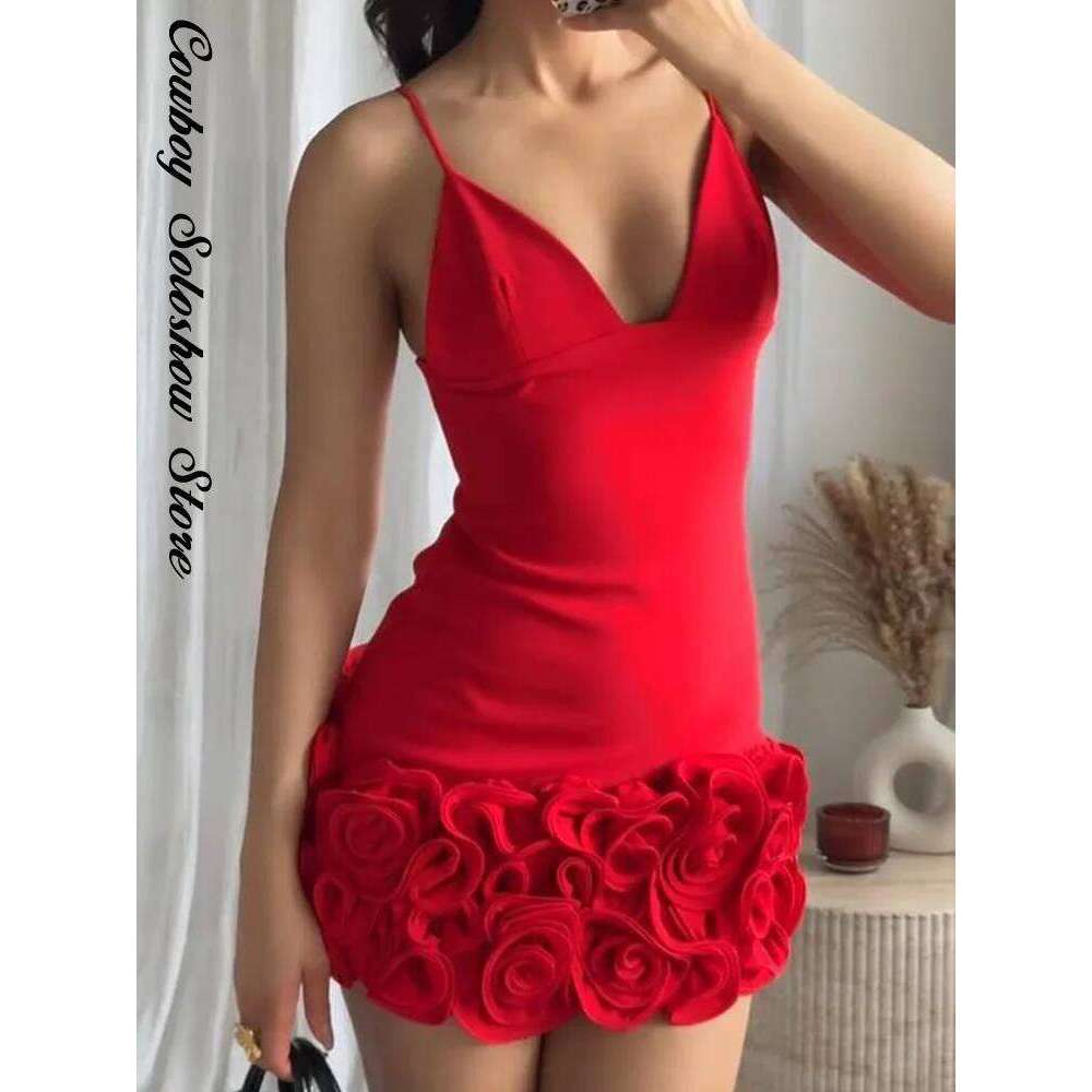 Sexy 3d Flower Mini Dress Women Chic Sling Slim Red Deep V-neck Backless Sleeveless Dresses 2025 Summer Party Evening Lady Robe