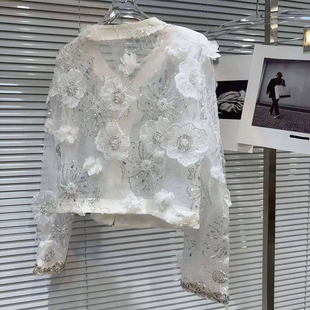 Women 3D Flowers Mesh Spliced Pearls Beaded Coat Sun Protection Thin Floral Embroidery Sequins Gauze Jacket Cardigan Tops
