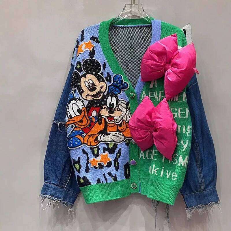 Unique Design Denim Splicing Knitted Cardigan Women's Autumn Winter Loose Contrasting Color Leopard Print V-Neck Sweater Jacket