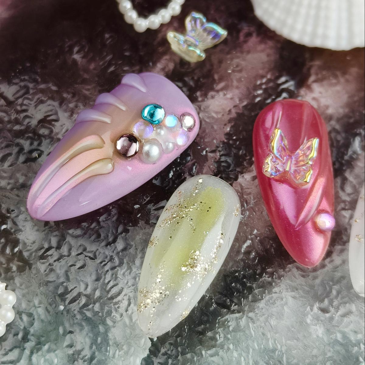 10pcs Handmade Press-on nails Medium Almond Nails Bundle Handraw 3D Ocean Collection Colorful Diamond Finished nail stickers Free storage box jelly gl