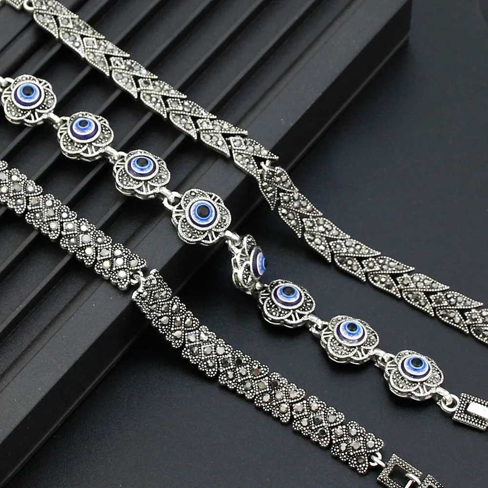 Ladies Favorite Gift Vintage Turkish Bracelet Silver Color Crystal Bohemia Link Bracelet Charm Evil Eye Jewelry W250526