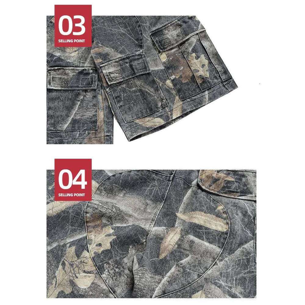 Camouflage Vintage Washed Tree Branch Five Quarter Pants for Men Women Summer Straight Baggy Shorts