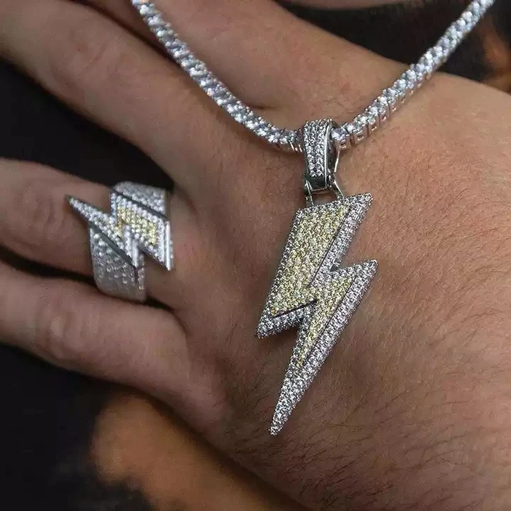 sdzstone 2025 New design Lightning Pendant Necklace Ice Out Bling Tow Tone Color Cubic Zircon Charm Men's Women Hip Hop Fashion Jewelry
