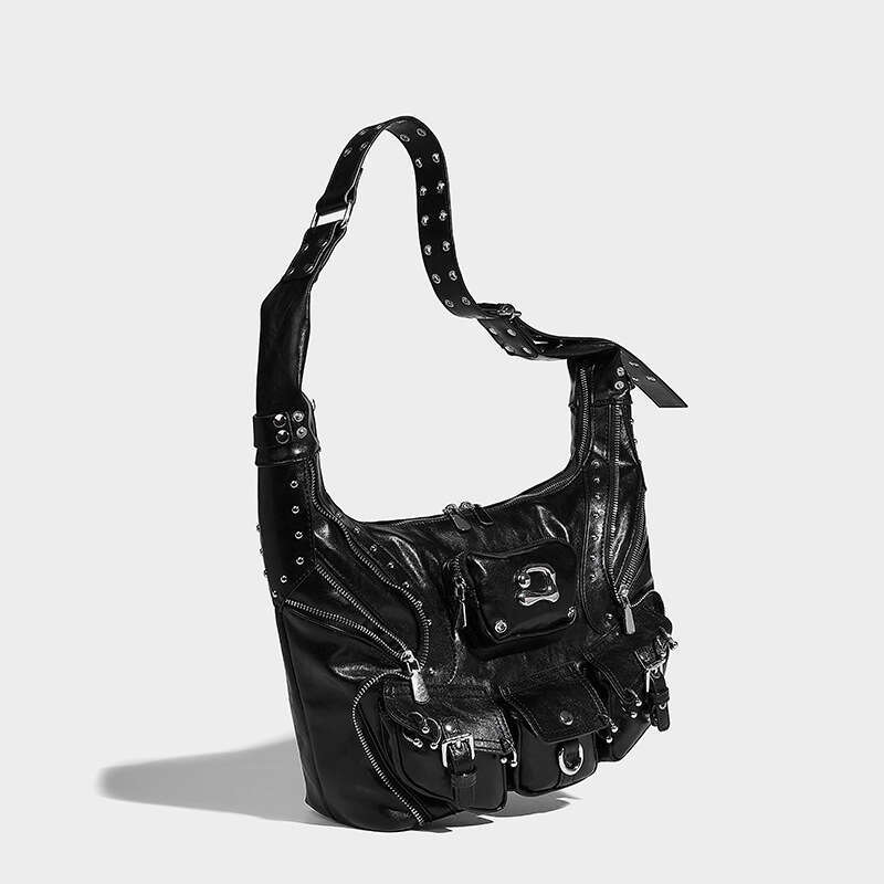 Sweet Cool Spicy Girl Fashion Versatile Single Shoulder Underarm Motorcycle Bag Heavy duty Rivet Multi Pocket Design Large Capacity Handbag