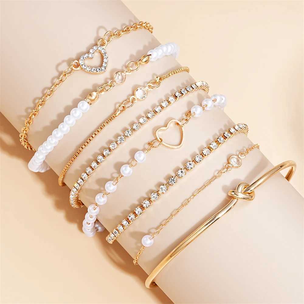 8Pcs Set Pearl Zircon Bracelet Gold Color Multilayer Interlocking Hearts Barefoot Ankle Bracelet On Leg Jewelry Accessories W250526