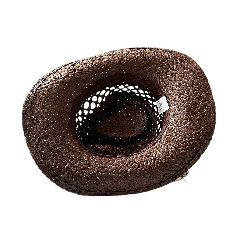 Handmade Summer Straw Hat Womens Mens Hollow Cowboy Hats Punk Large Brim Hat Western Beach Boho Straw Hat Holiday Cap 250526