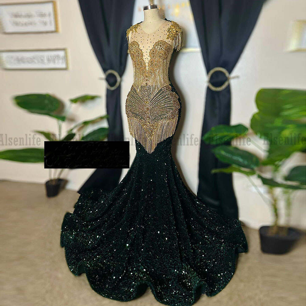 Stunning Dark Green Prom Dresses 2025 Luxury Crystal Diamond Mermaid Party Gowns Black Girl Sequined Evening Dress Customized