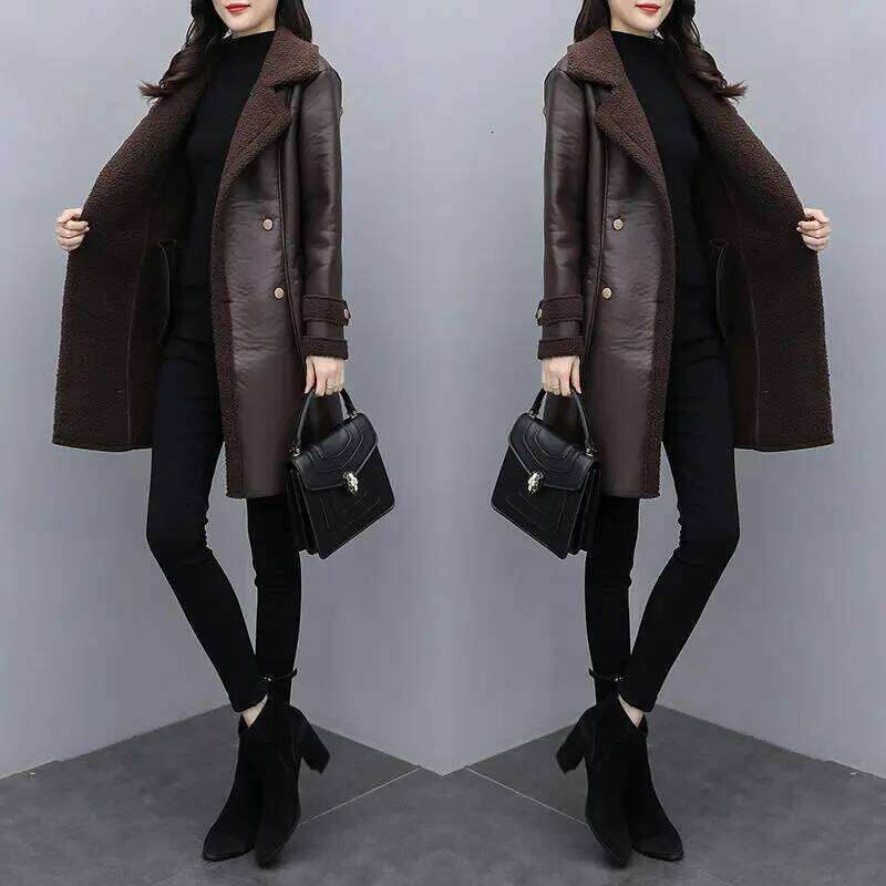 2025 Autumn Winter Jacket New Women's Fur One PU Leather Coats Loose Ladies Outwear With Thicker Overcoat Female Tops