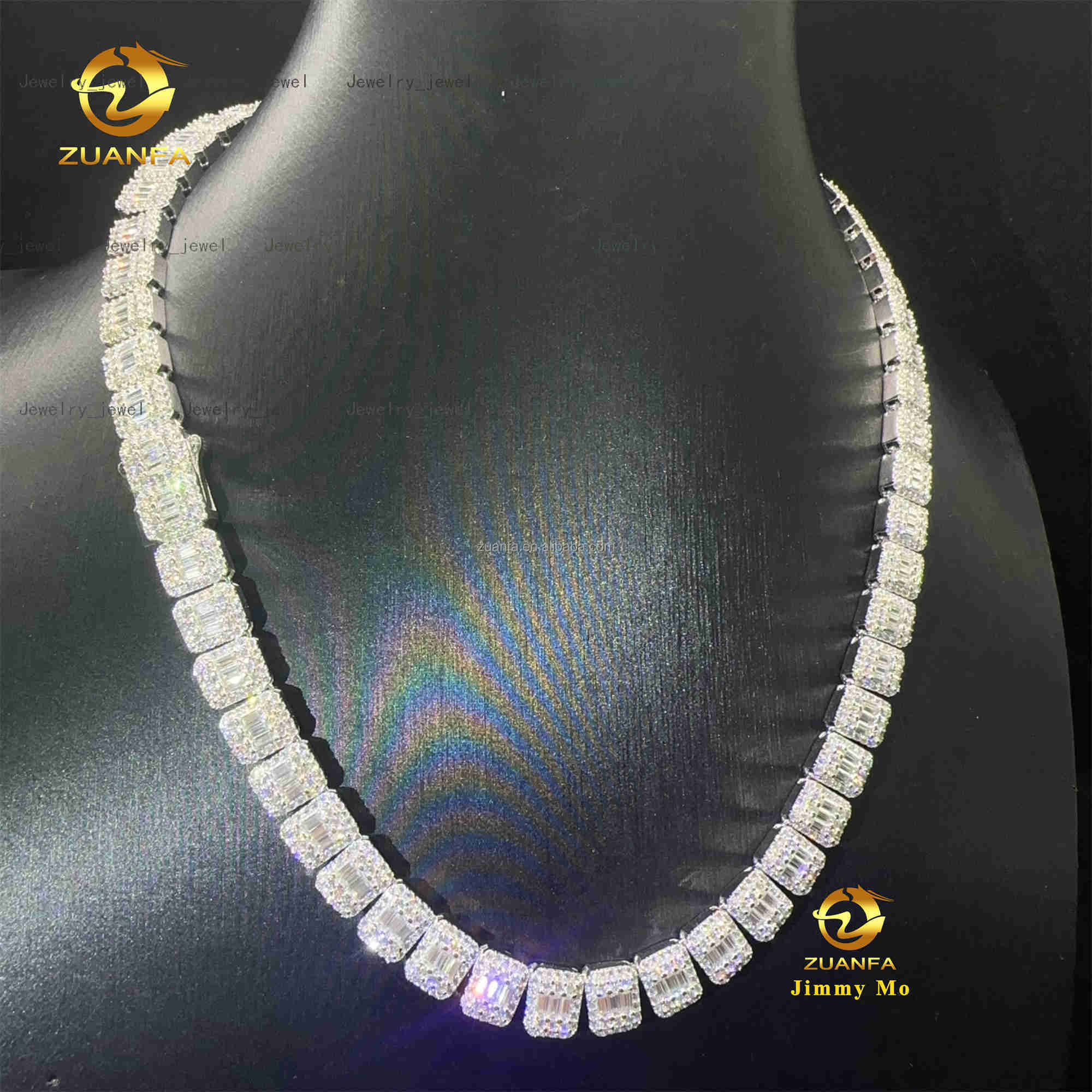Custom Made Hip Hop Style Jewelry Iced Out 925 Solid Silver Rhodium Plated Baguette Moissanite Cluster Tennis Chain Men